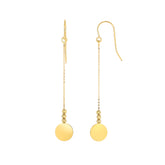 14K Yellow Gold Diamond Cut Bead With Flat Shiny Disc Drop Earrings fine designer jewelry for men and women